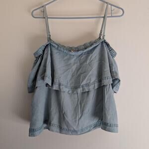 Free People Light Blue Tencel Chambray Ruffle Cold Shoulder Top S P